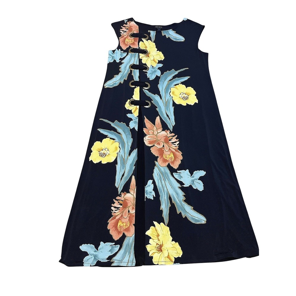 Eva Varro Black Floral Grommet Lace Up Sleeveless Midi Dress XL A-line stretchy - Picture 3 of 8